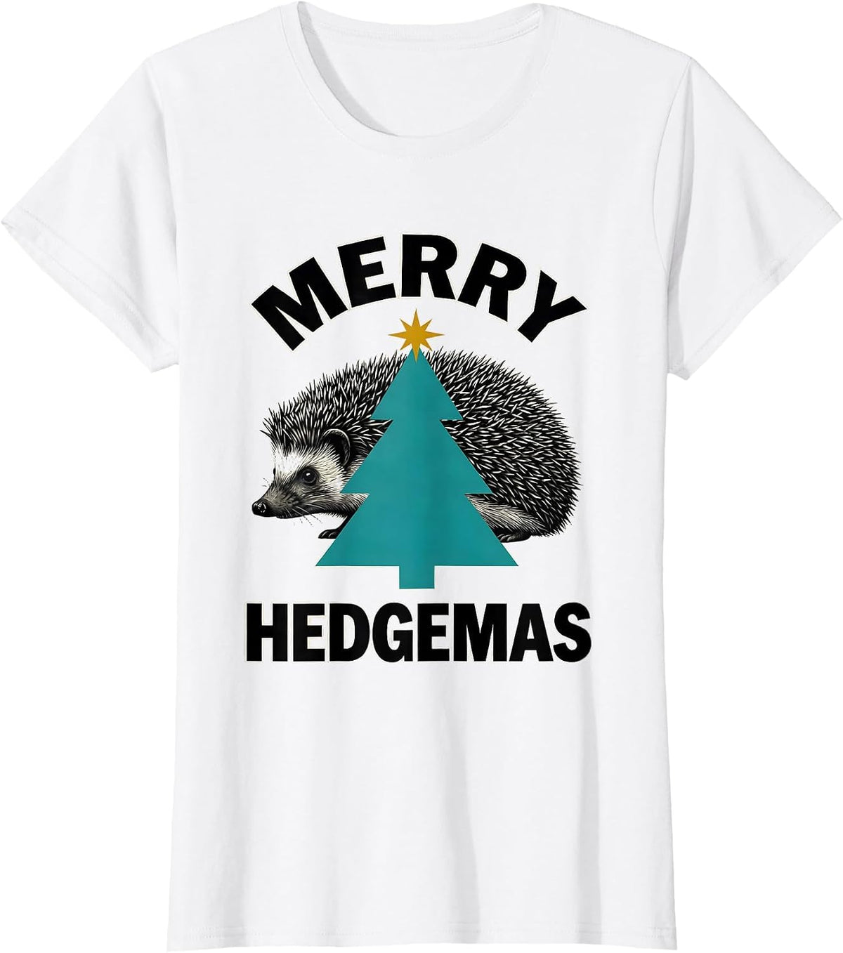 Women's Merry Hedgemas Midcentury Modern Hedgehog Christmas Tree T-Shirt - White