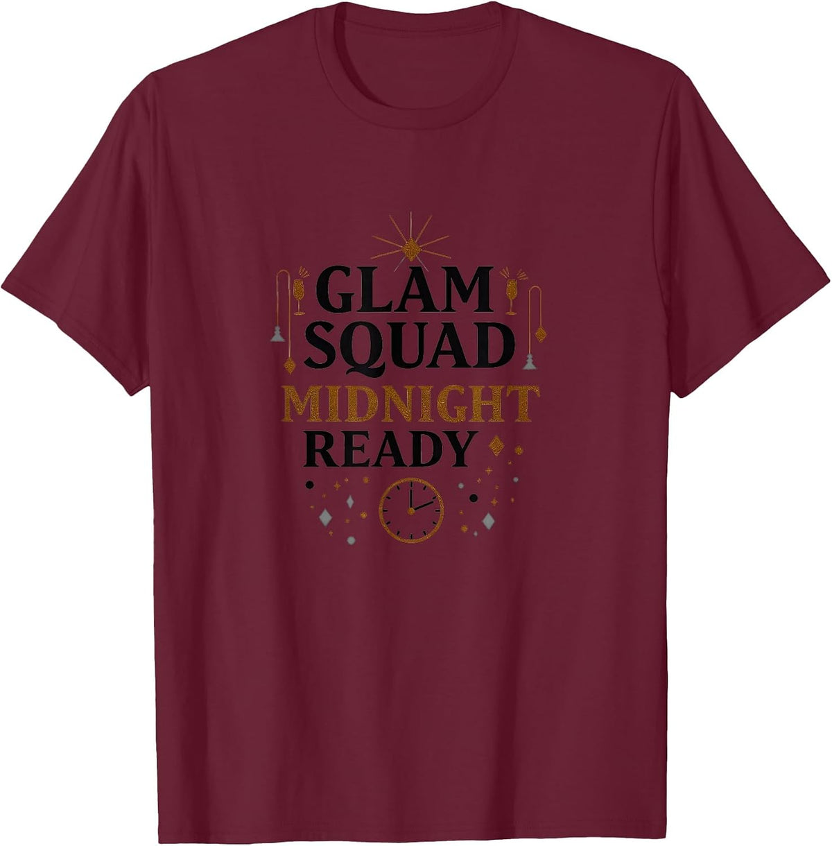 Glam Squad Midnight Ready NYE Design T-Shirt - Burgundy