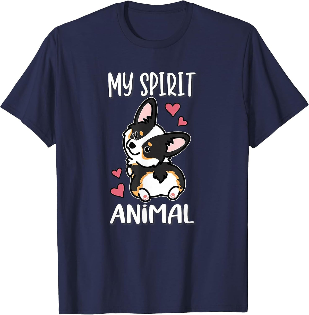 Girls Womens Kawaii Spirit Animal Black Tricolor Corgi Lover T-Shirt - Navy Blue