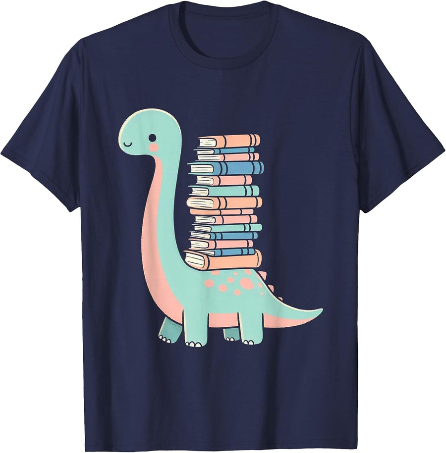 Reading Dinosaur Dino Books Bookworm Book Reader T-Shirt - Navy Blue