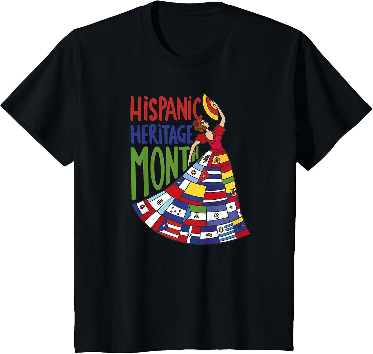Hispanic Heritage Month Latino Countries Flags Flamenco T-Shirt - Black