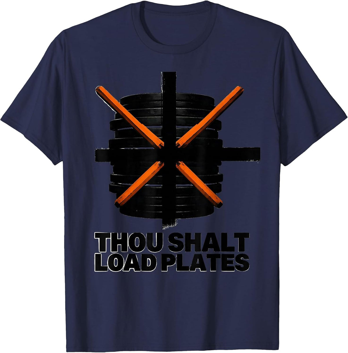 Men's Thou Shalt Load Plates Brutalist Christian Gym Weightlifter T-Shirt - Navy Blue