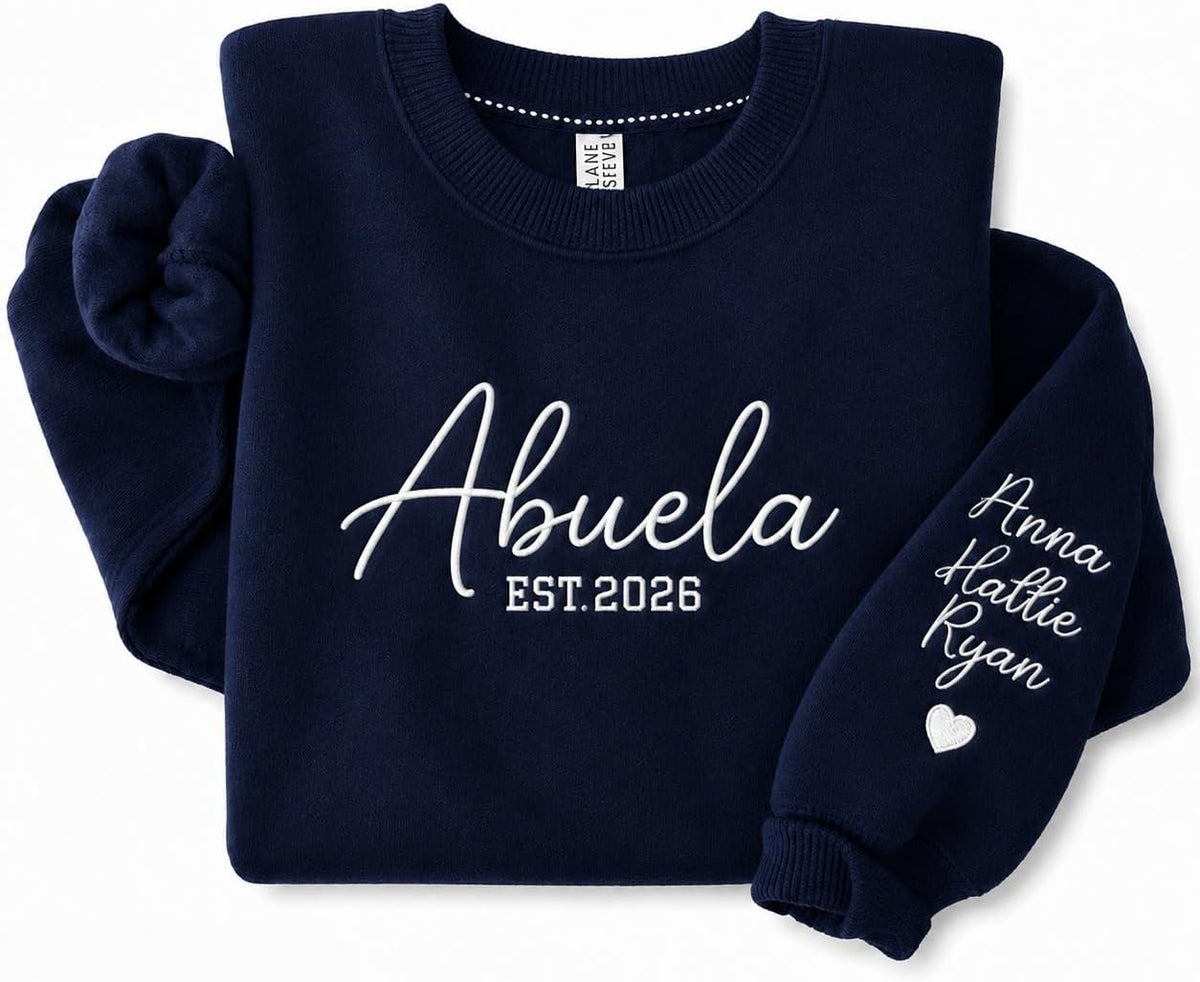 Personalized Embroidered Mama Sweatshirt with Kid Names On Sleeve, Custom Grandma Sweatshirt Gift for Mom Grandma - Abuela