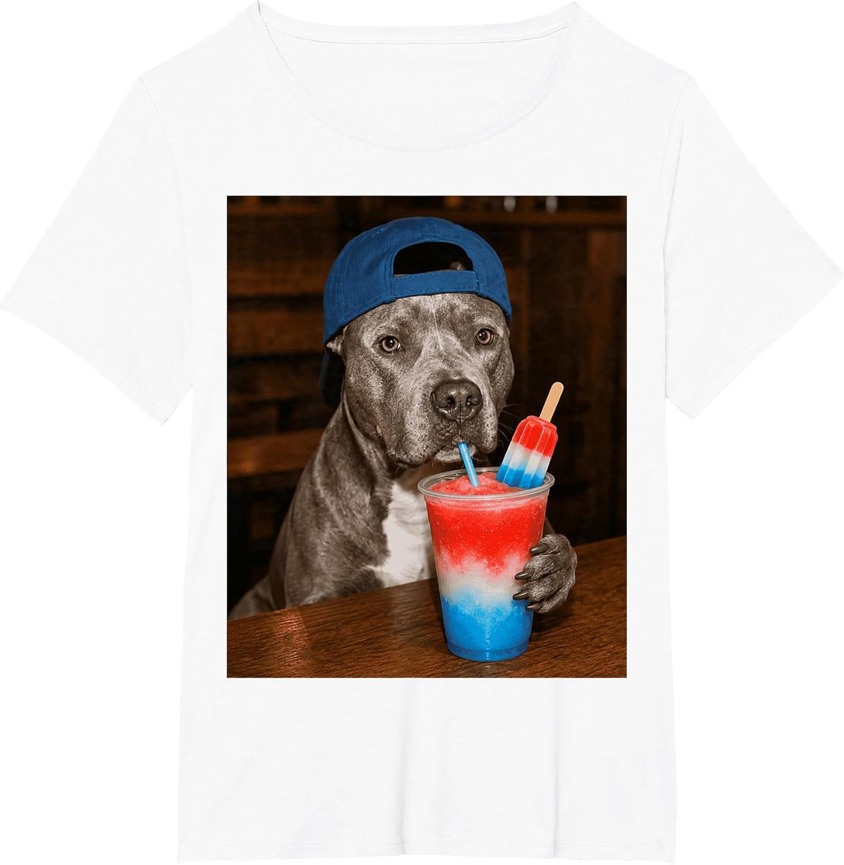 Pitbull Drinking Patriotic Slusie Funny Dog Meme 4th of July T-Shirt - White