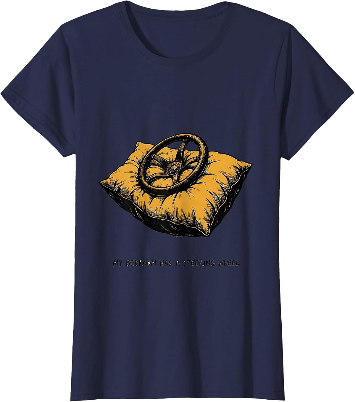 Women's My Bedroom Has A Steering Wheel Retro Van Life Nomads Camper T-Shirt - Navy Blue