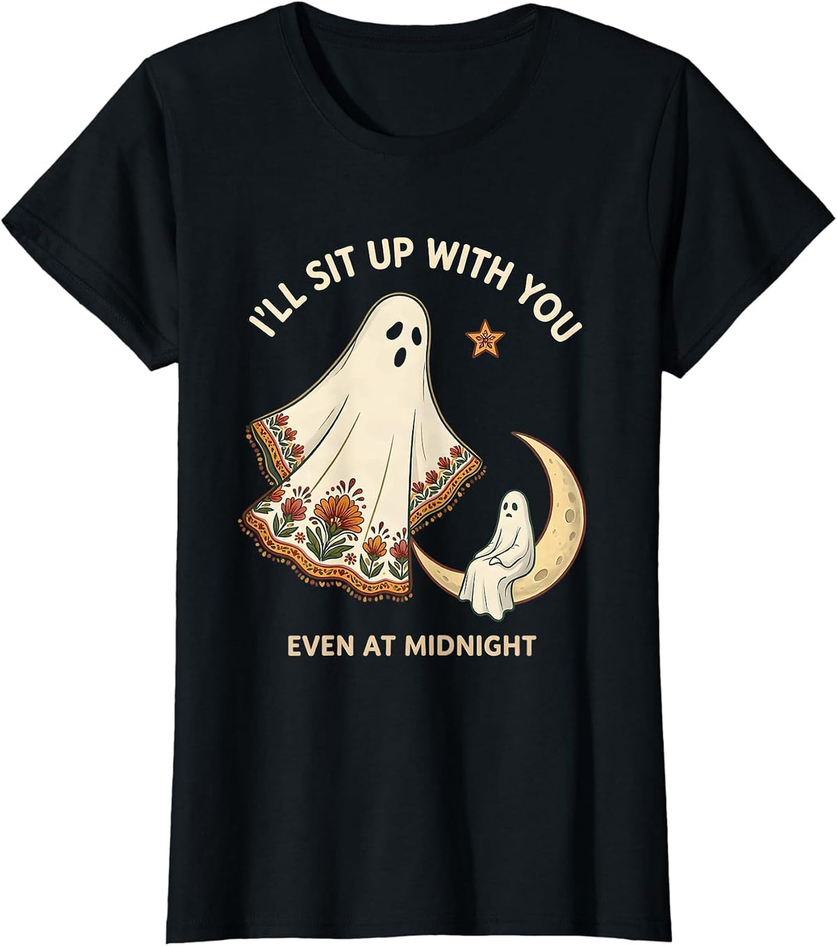 Women's I'll Sit Up With You, Even At Midnight Folk Art Ghost T-Shirt - Black