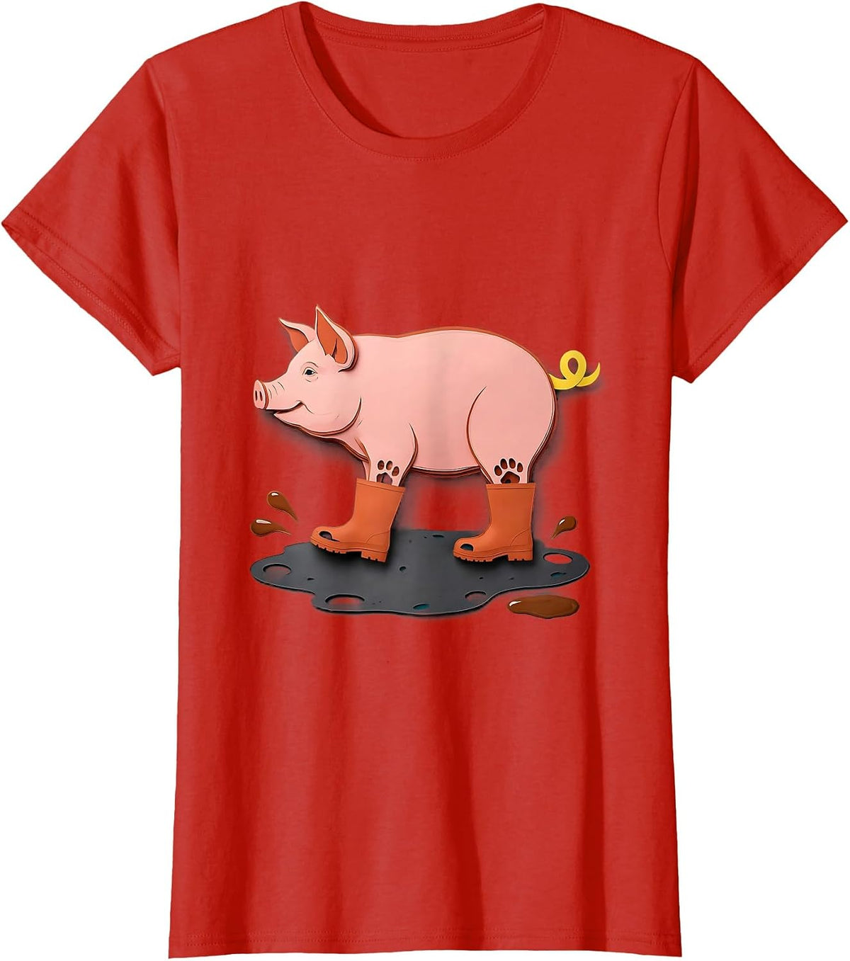 Women's Jaunty Pig in Rain Boots Funny Farm Animal Lover T-Shirt - Red