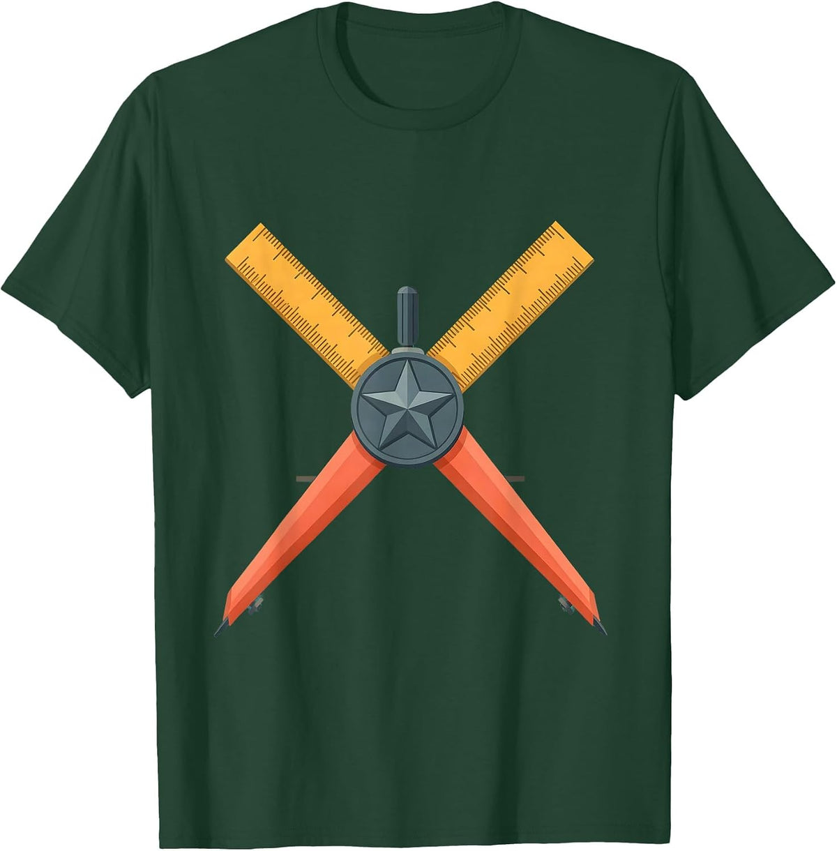 Men's 5th Grade Teacher Ruler Compass Crossed Design T-Shirt - Dark Green