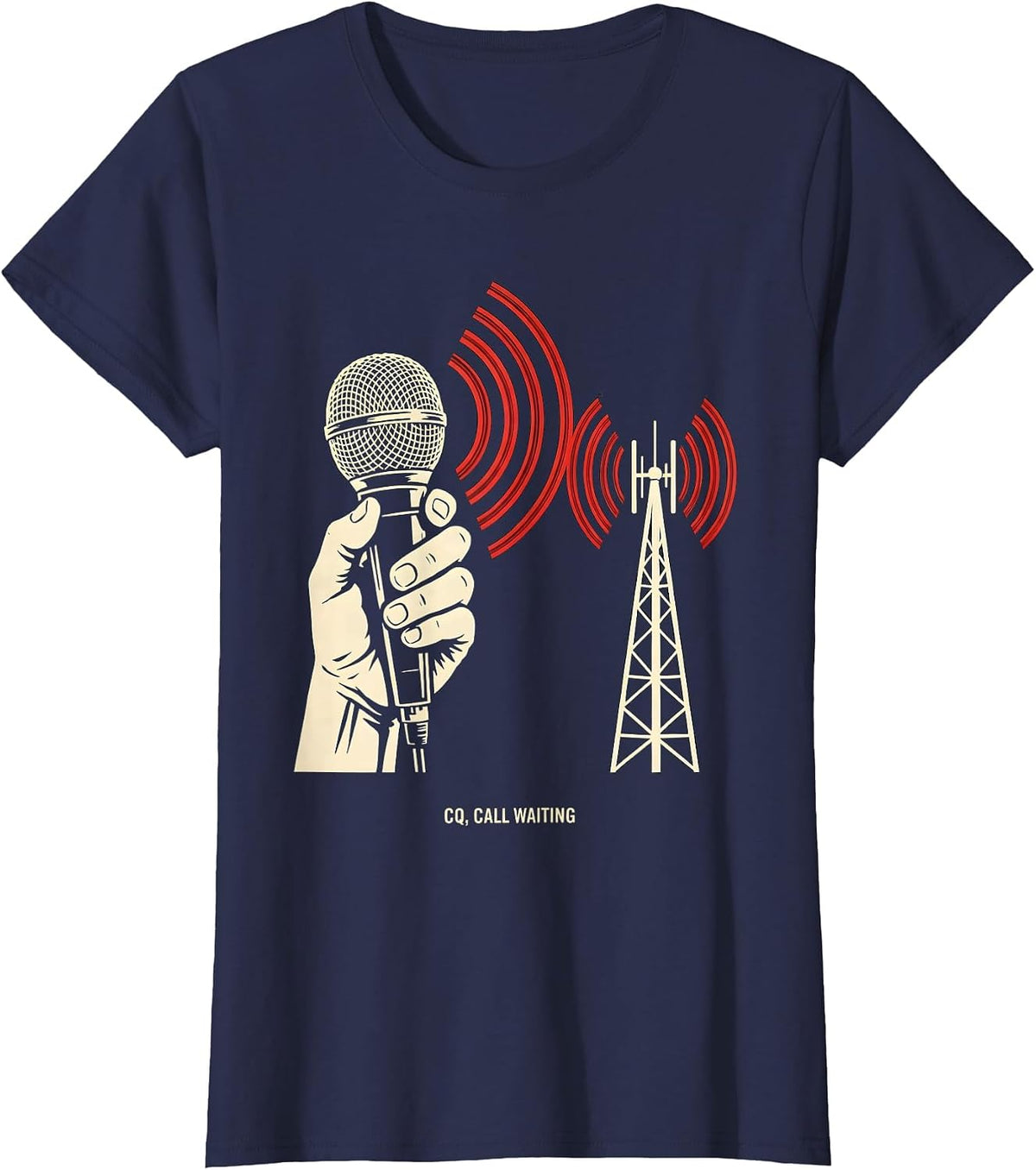 Women's CQ Call Waiting Stencil Graphic Ham Radio Operator Humor T-Shirt - Navy Blue