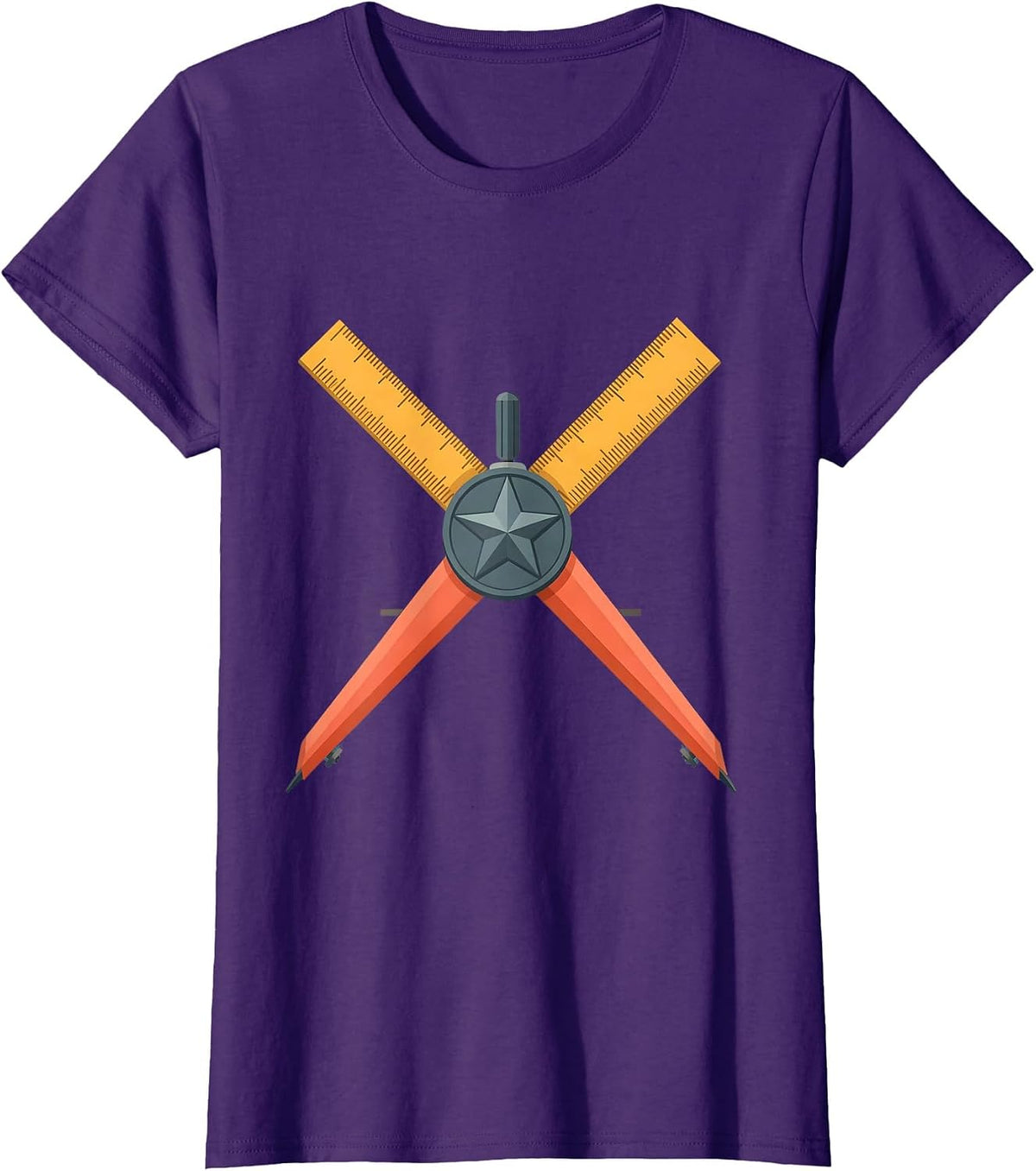 Women's 5th Grade Teacher Ruler Compass Crossed Design T-Shirt - Purple