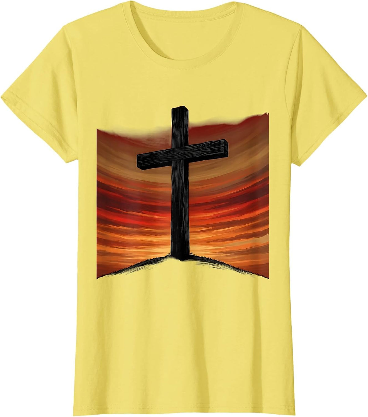 Cross Silhouette Blood Red Sunset Sky Jesus T-Shirt - Lemon Yellow