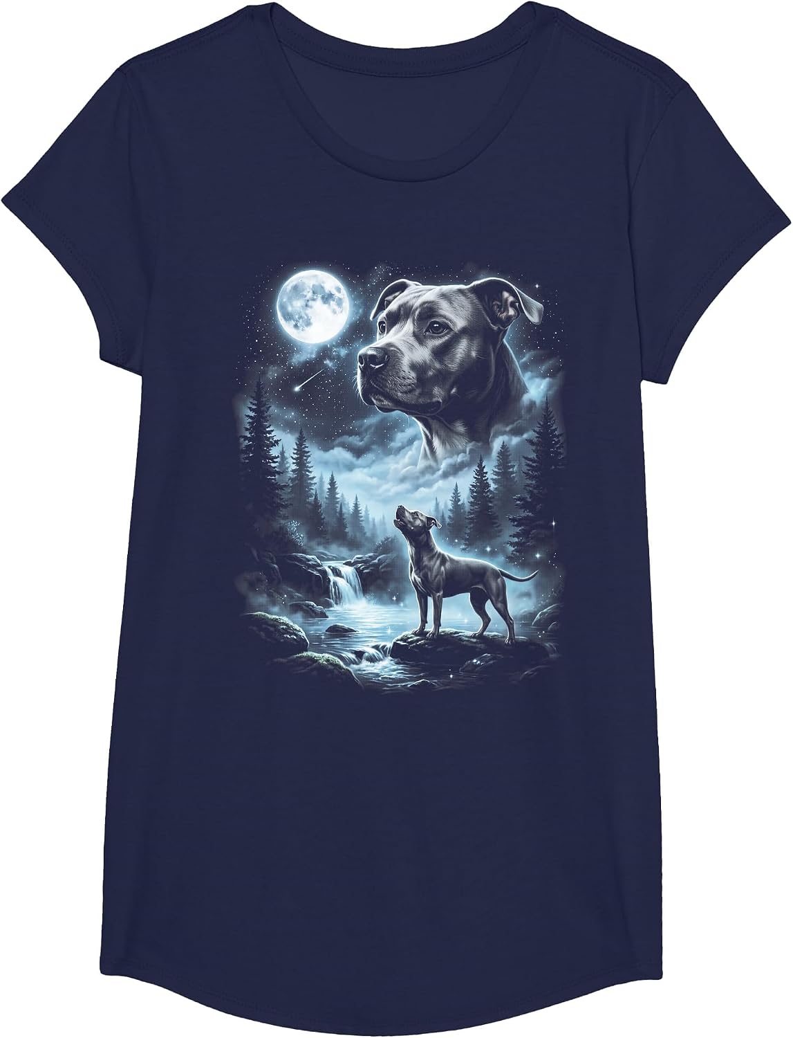 Pitbull Howling to the Moon Retro 90's Pittie Dog T-Shirt - Girls Navy Blue
