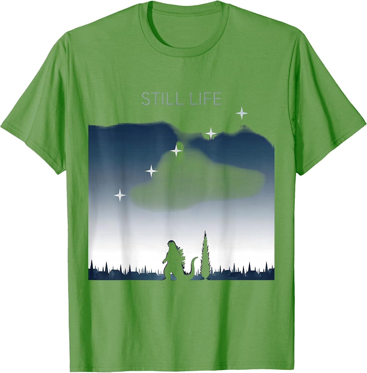Men's Still Life Minimalist Kaiju Van Gogh Starry Night Art Parody T-Shirt - Grass Green