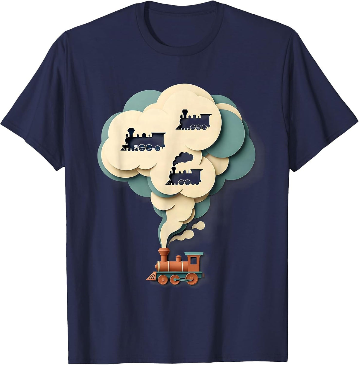 Tiny Locomotive Paper-Cutout Train Enthusiast Humor T-Shirt - Navy Blue