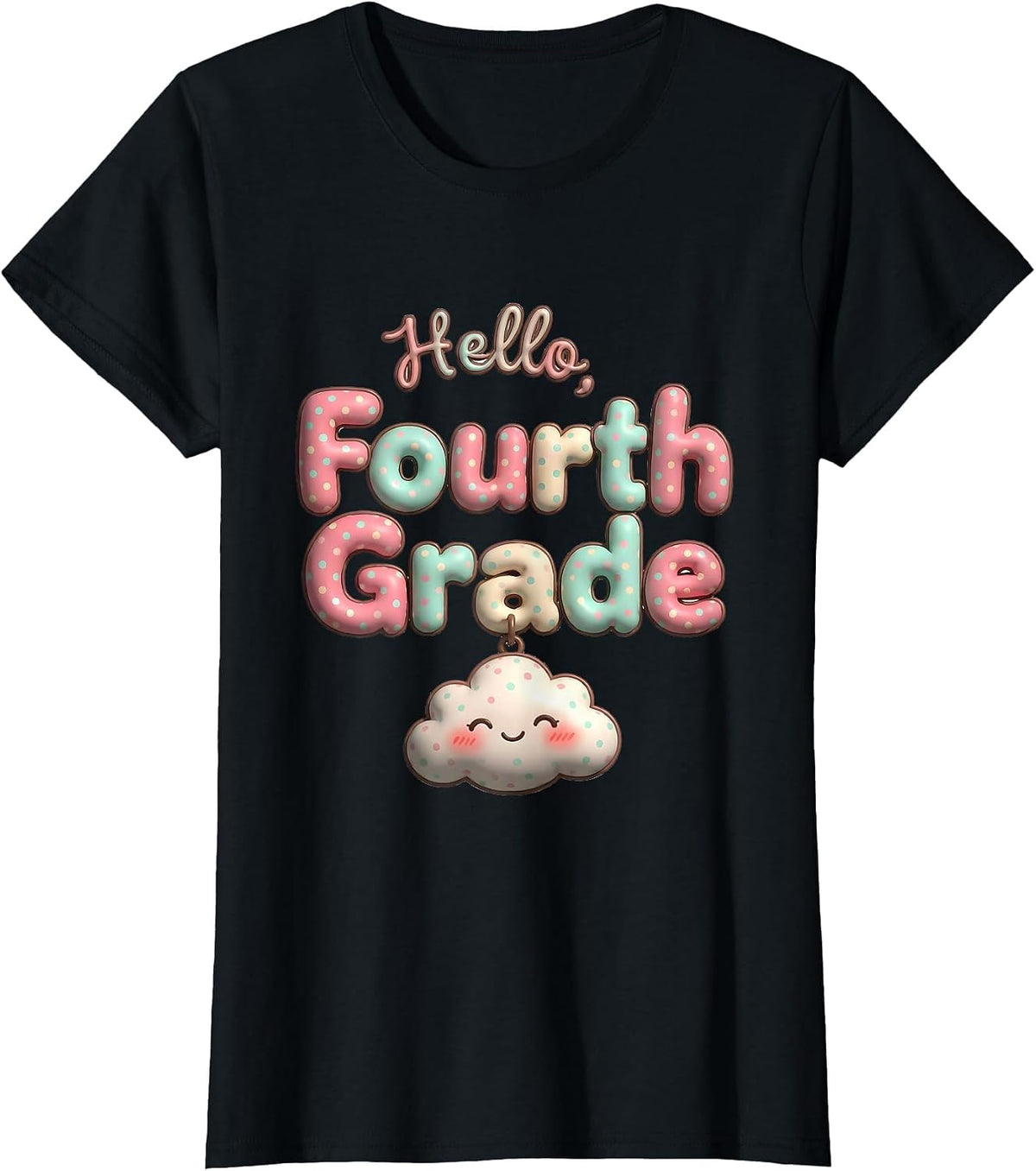 Women's Hello, Fourth Grade Cute Kawaii Preppy Teacher Back T-Shirt - Black