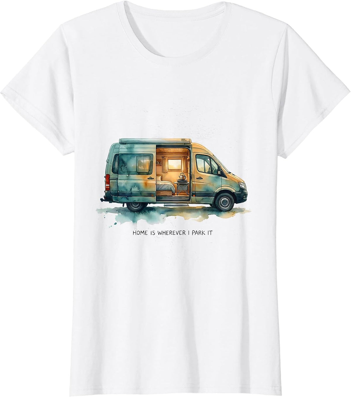 Women's Home Is Wherever I Park It Watercolor Van Life Road Trip T-Shirt - White