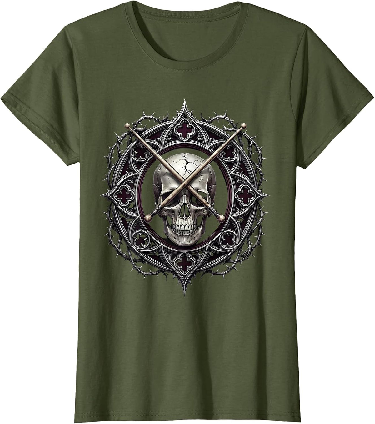 Women's Crossed Drumsticks Cracked Skull Vintage Rock Design T-Shirt - Olive Green