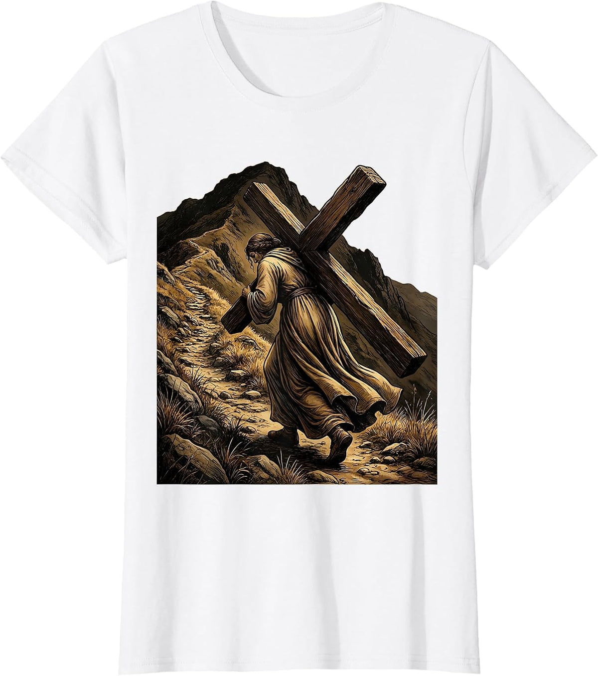 Woman Carrying Cross Up Hillside Christian Art T-Shirt - White