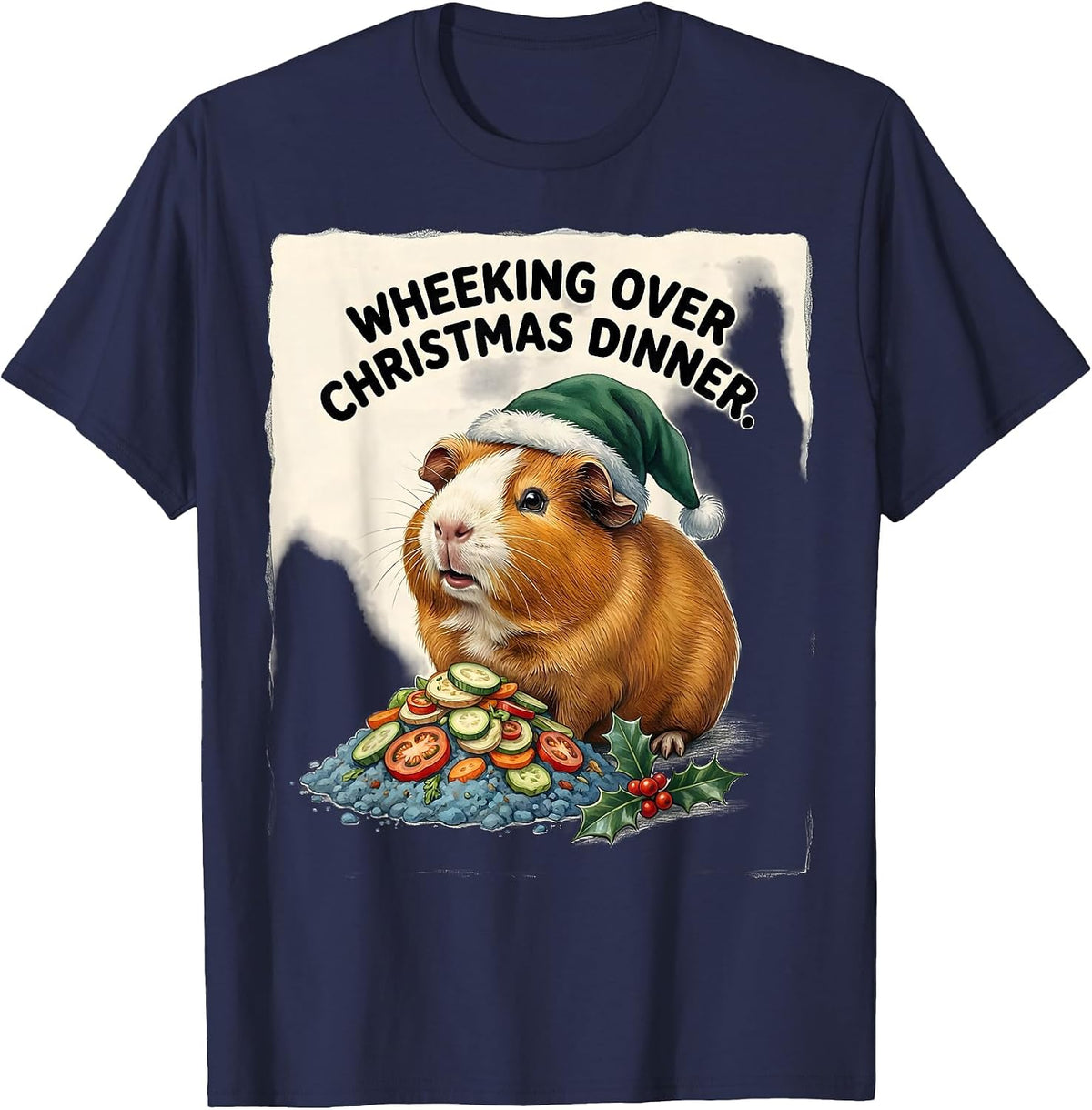 Men's Wheeking Over Christmas Dinner Funny Guinea Pig Santa Hat T-Shirt - Navy Blue