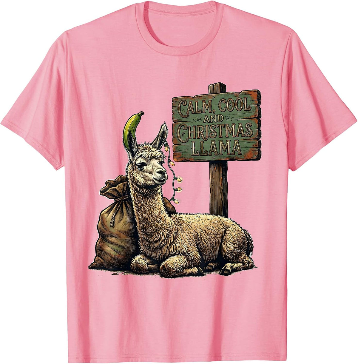 Men's Calm Cool And Christmas Llama Vintage Funny Llama Lover Gift T-Shirt - Pink