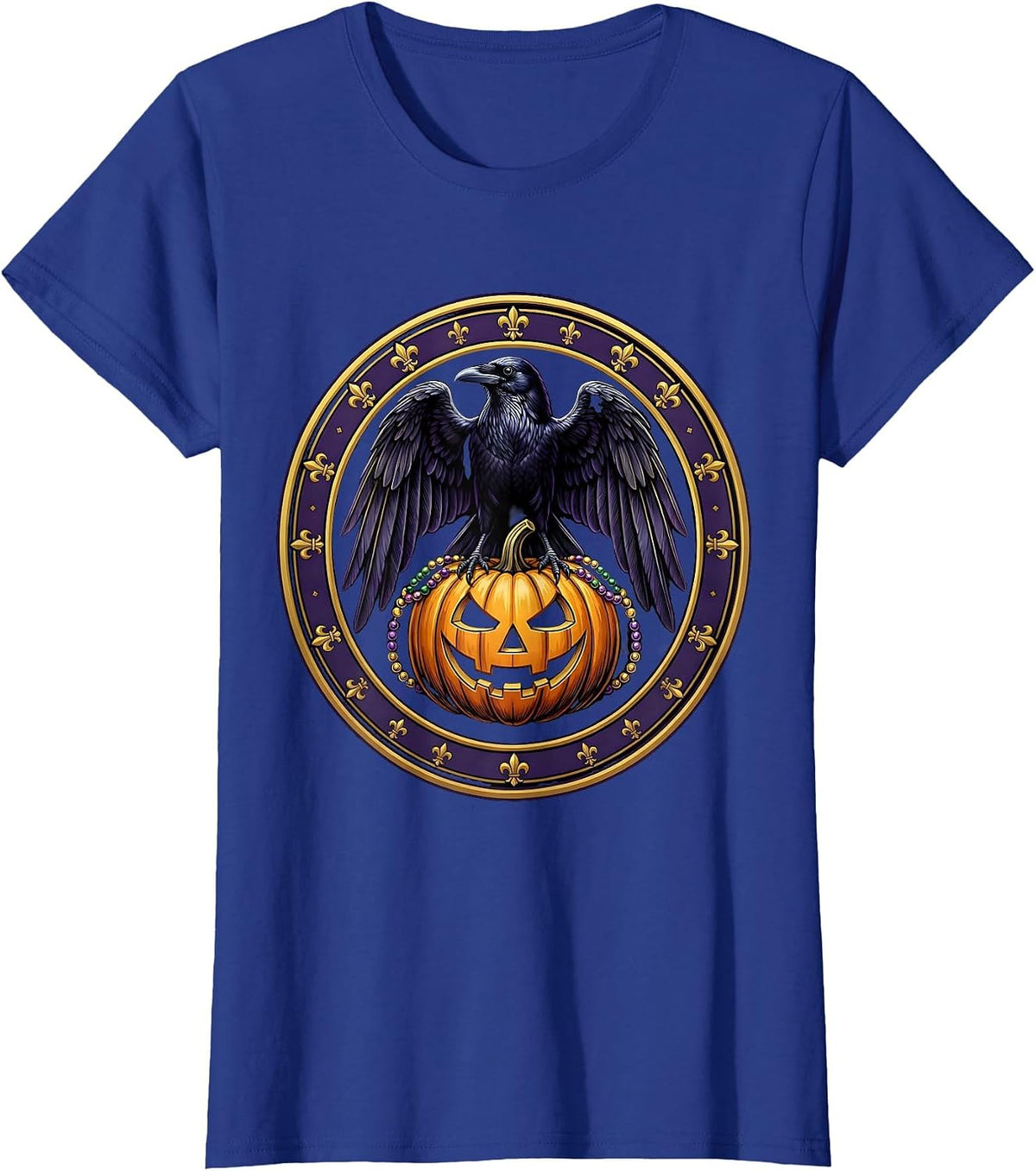 Women's Mardi Gras Crow on Glowing Jack-O-Lantern T-Shirt - Royal Blue