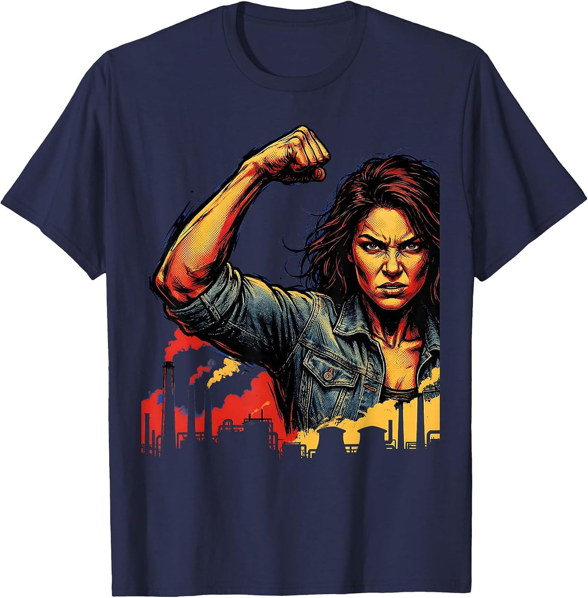 Rosie the Riveter Flexing Over Industrial Skyline T-Shirt - Navy Blue