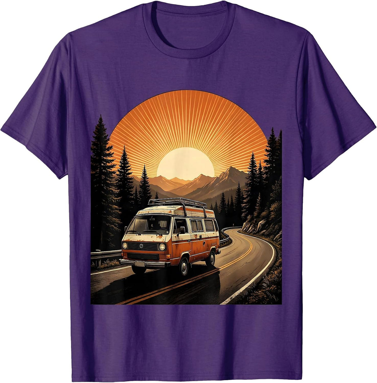 Retro Camper Van Sunset Mountain Road T-Shirt - Purple
