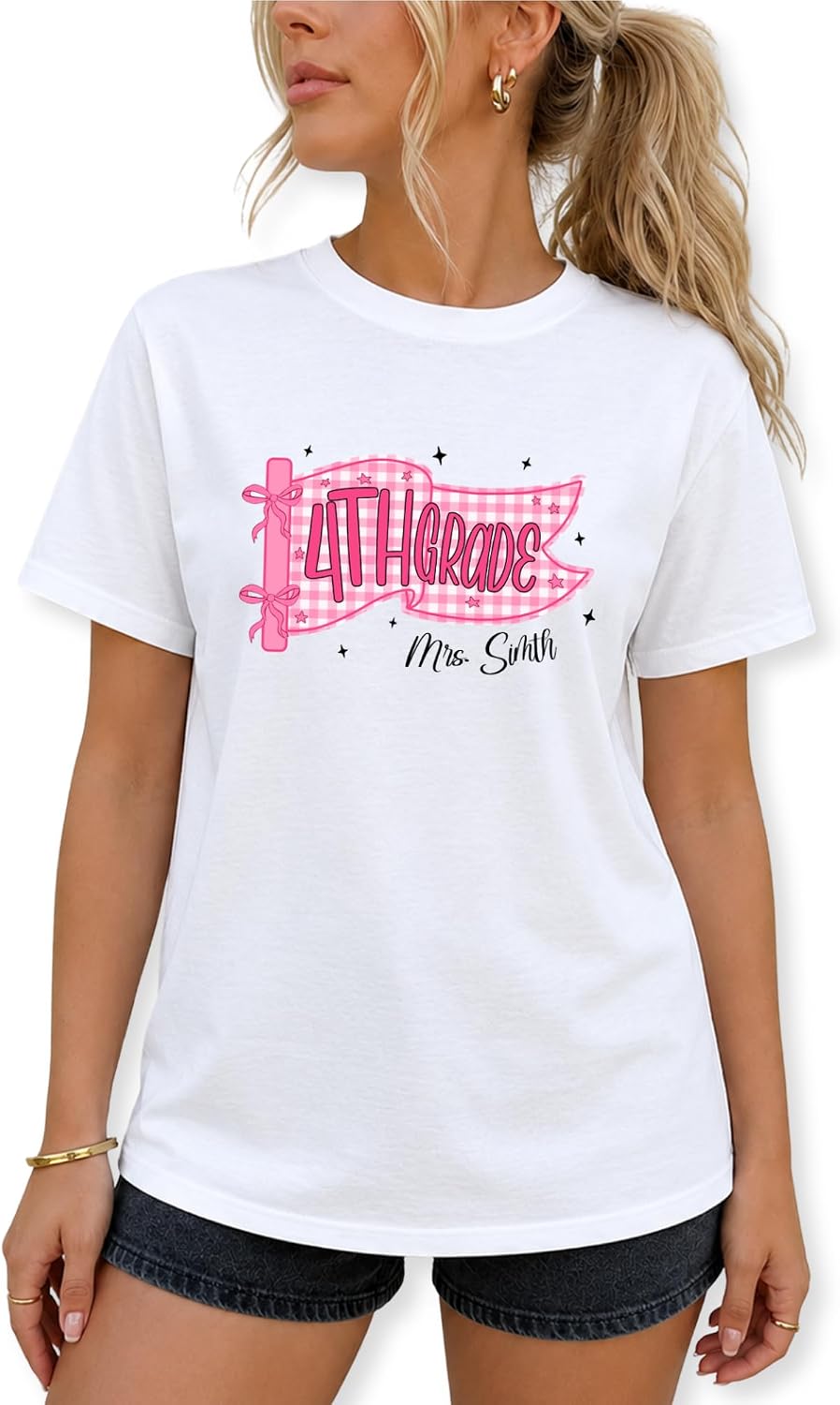 Custom Teacher T-Shirt, Grade & Name Pennant Flag Tee - Fourth Grade