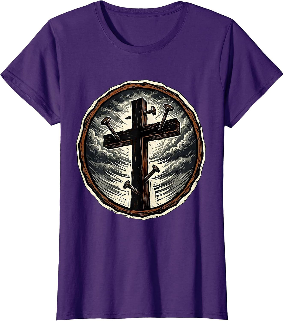 Women's Three Nails Cross Stormy Sky Graphic Design T-Shirt - Purple