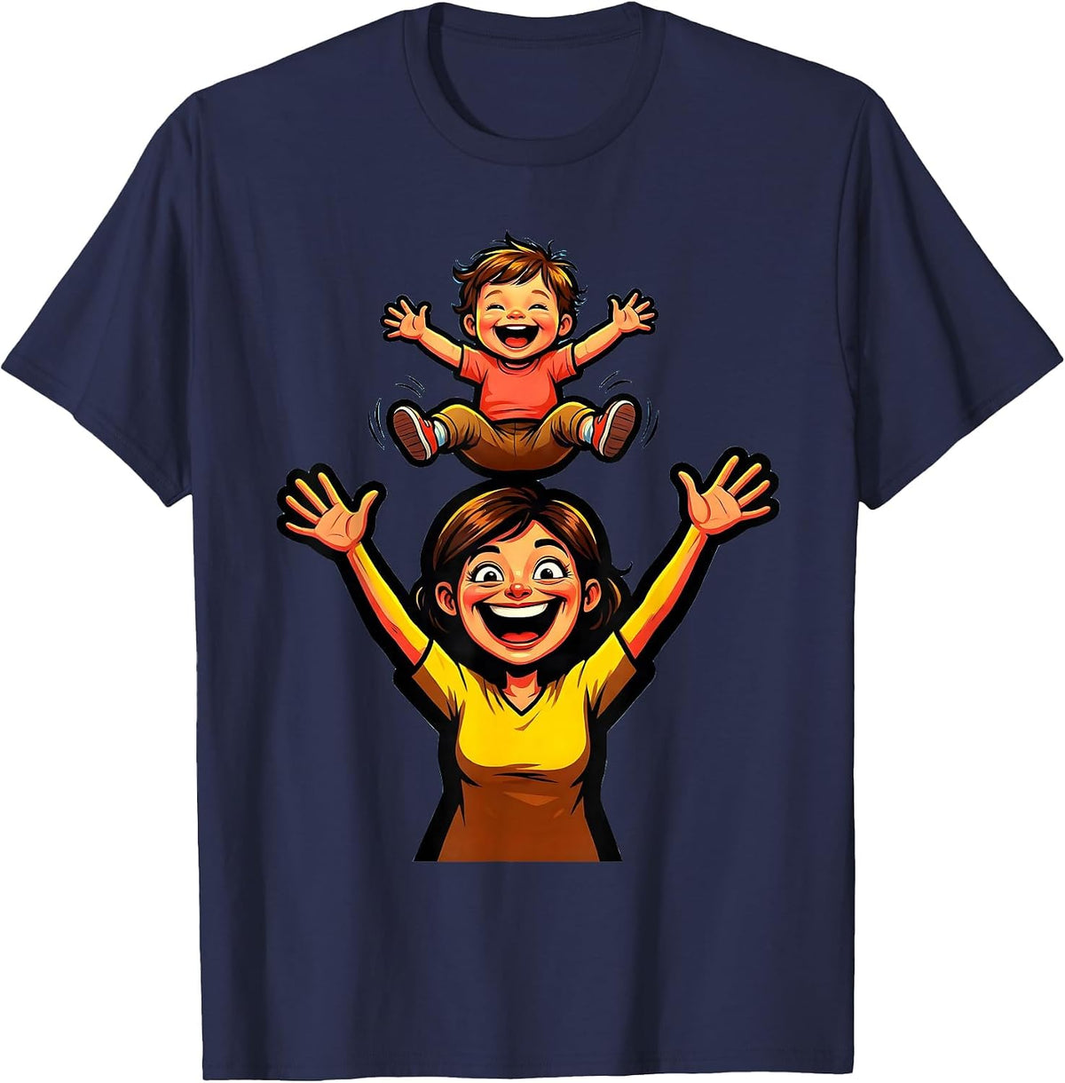 Daycare Teacher Lifting Child Joyful Illustration T-Shirt - Navy Blue