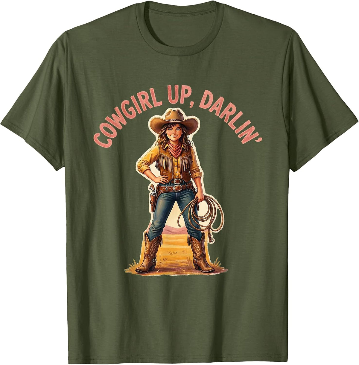 Cowgirl Up Darlin Western Rodeo Design T-Shirt - Olive Green
