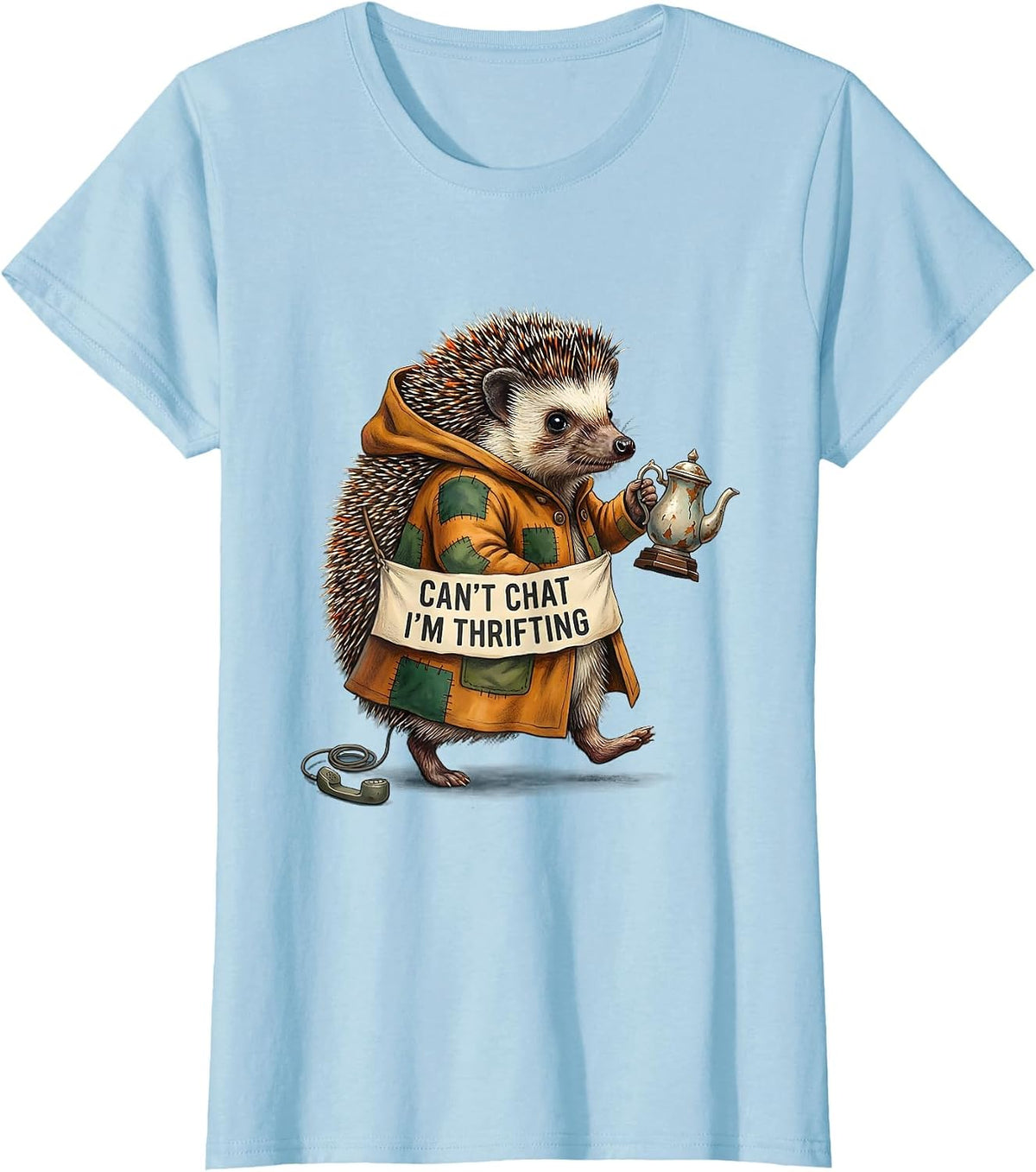 Women's Can't Chat, I'm Thrifting Funny Hedgehog Thrifting Collector T-Shirt - Baby Blue