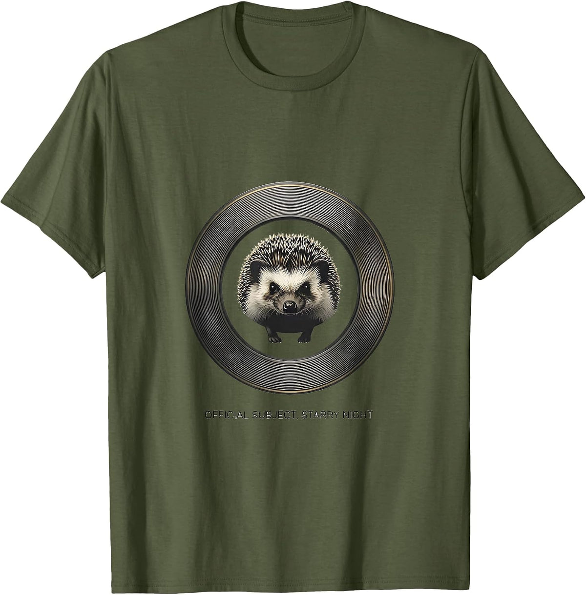Men's Official Subject Starry Night Minimalist Hedgehog Van Gogh T-Shirt - Olive Green
