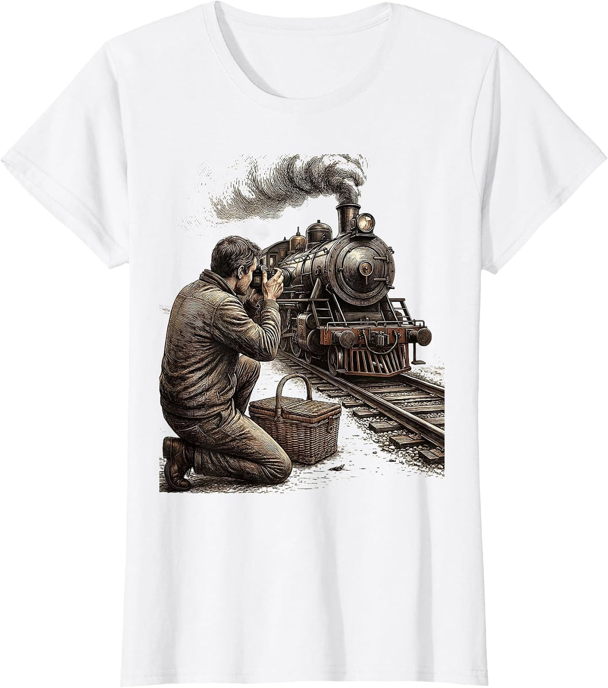 Trainspotter Kneeling Steam Locomotive Crosshatch Etching T-Shirt - White