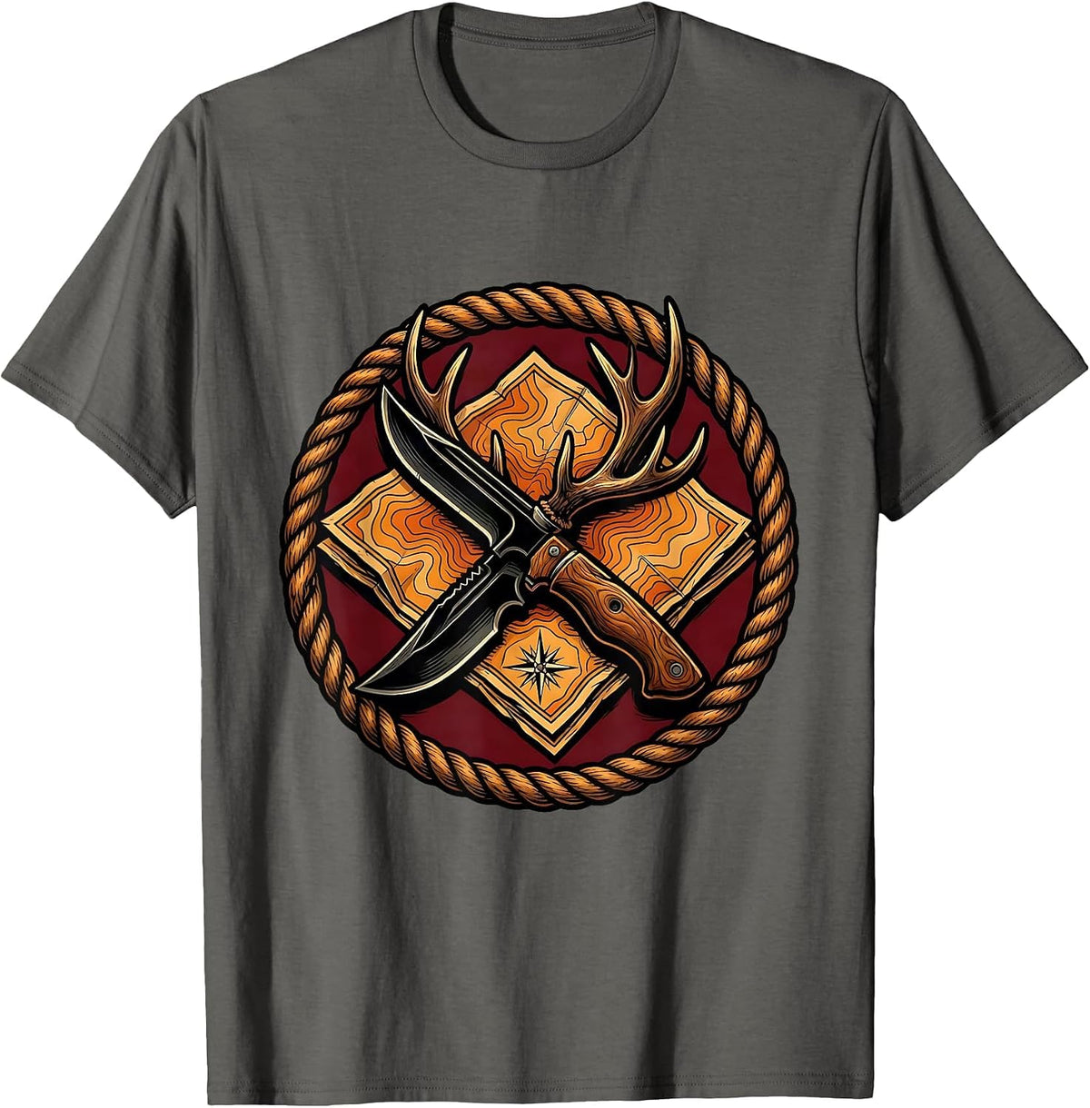 Knife and Antler on Map Hunting Graphic T-Shirt - Asphalt Grey