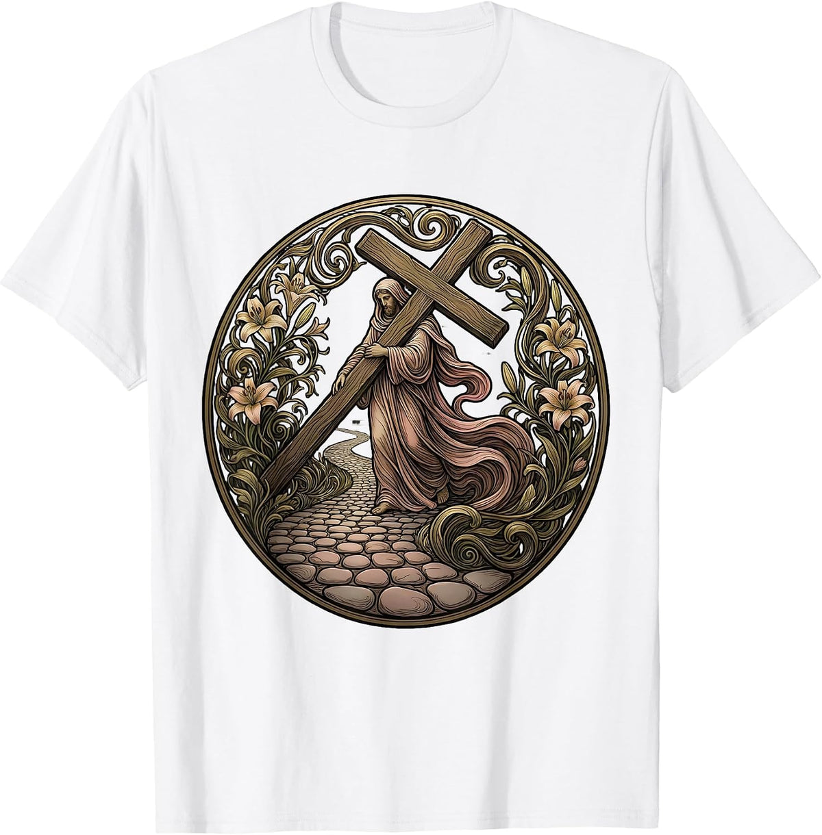 Jesus Carrying the Cross Cobblestone Road Art T-Shirt - White