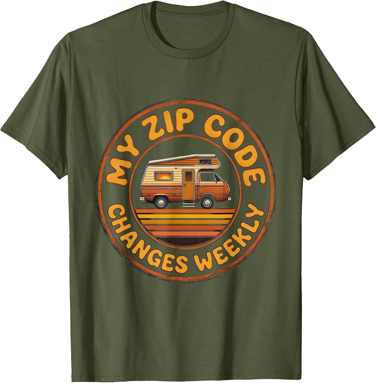 Men's My Zip Code Changes Weekly Retro Van Life Nomads Camper Van T-Shirt - Olive Green
