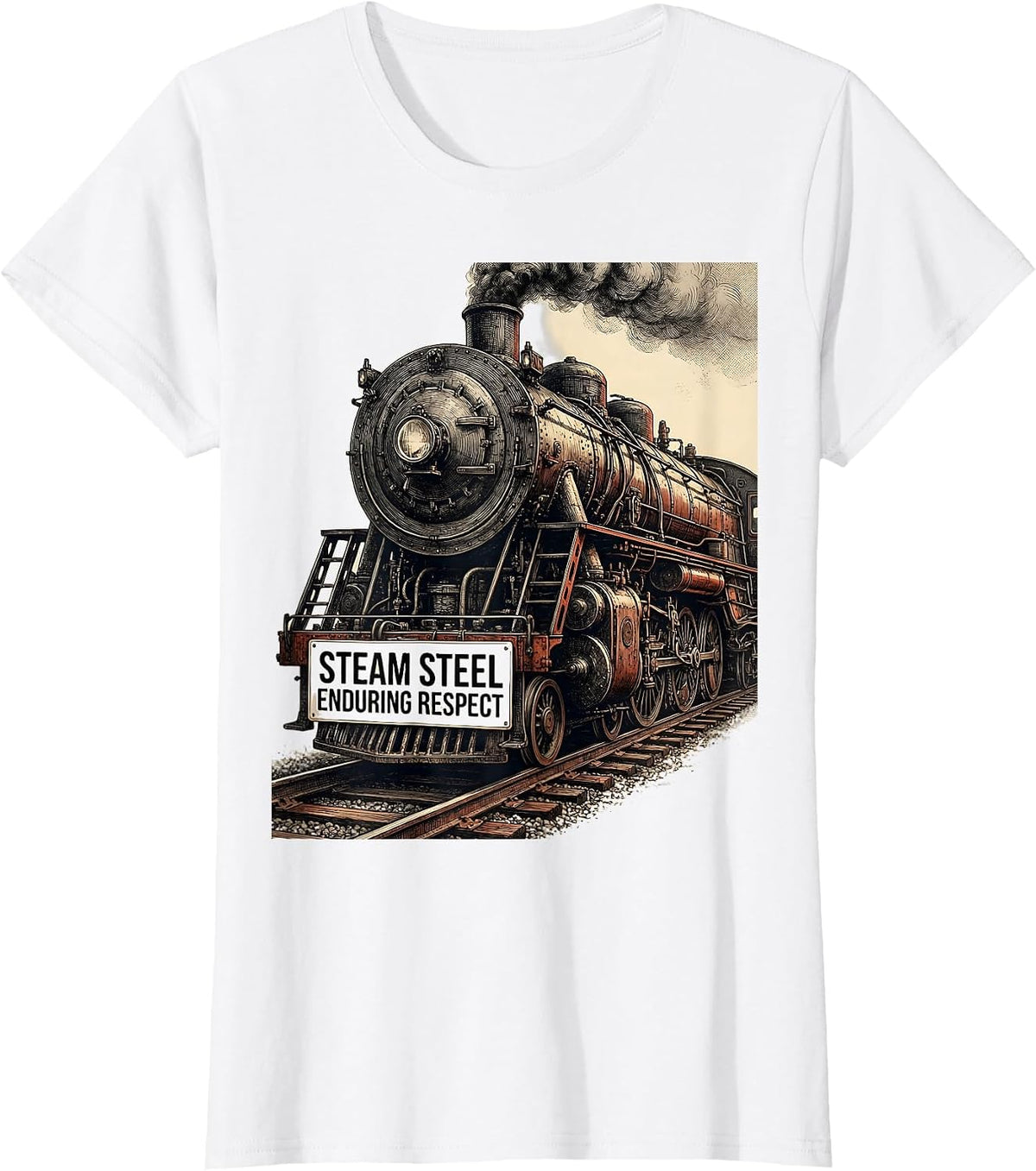 Women's Steam Steel Enduring Respect Vintage Steam Locomotive Train T-Shirt - White