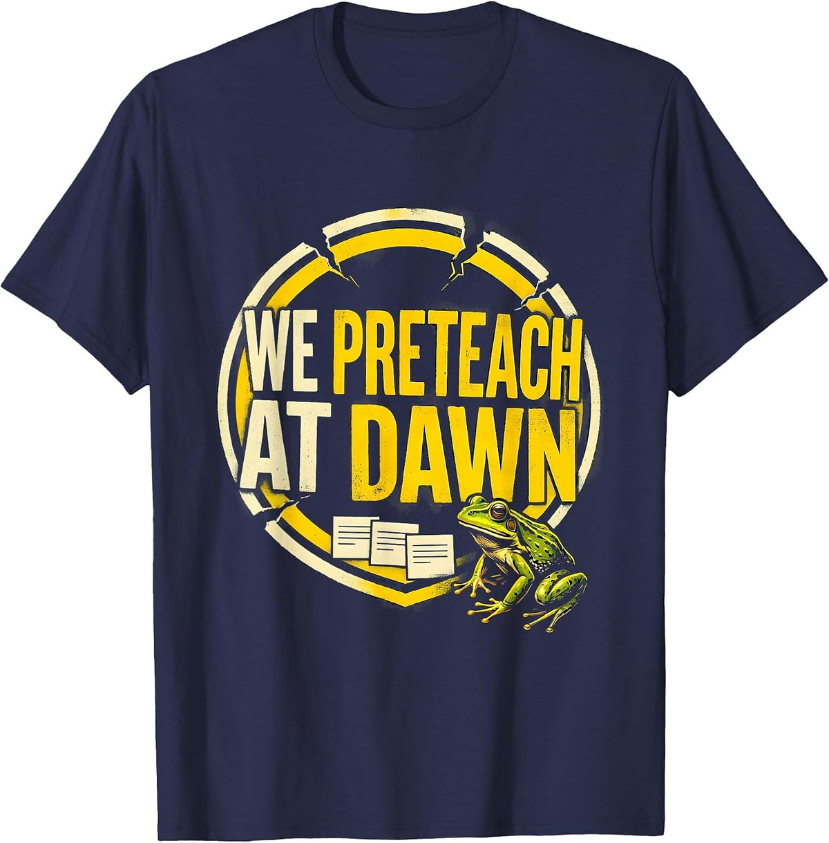 We Preteach At Dawn Stencil Graphic Funny Teacher Frog Back T-Shirt - Navy Blue