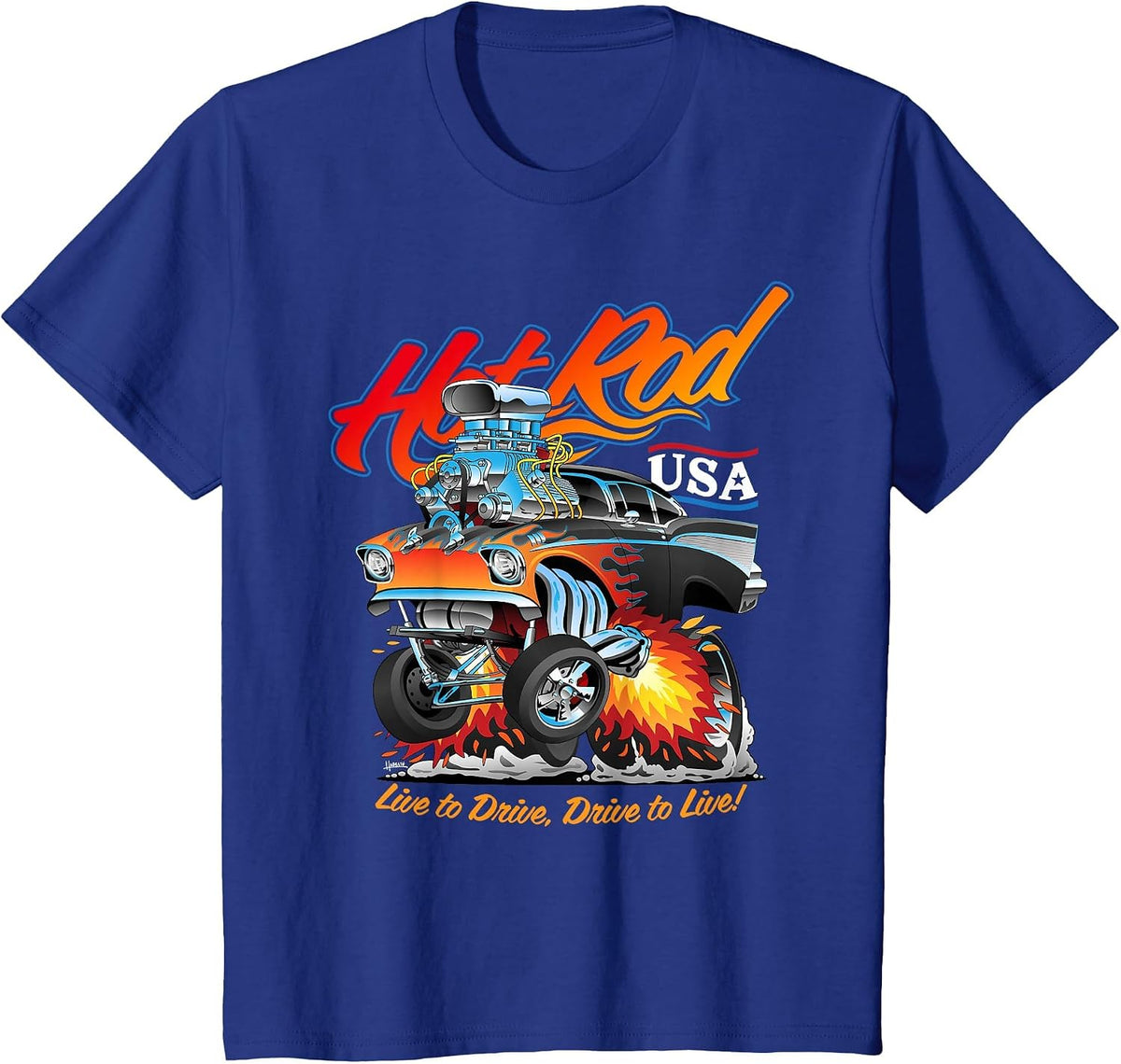 Hotrod USA Classic Muscle Car Cartoon Hotrod Funny Car T-Shirt - Royal Blue