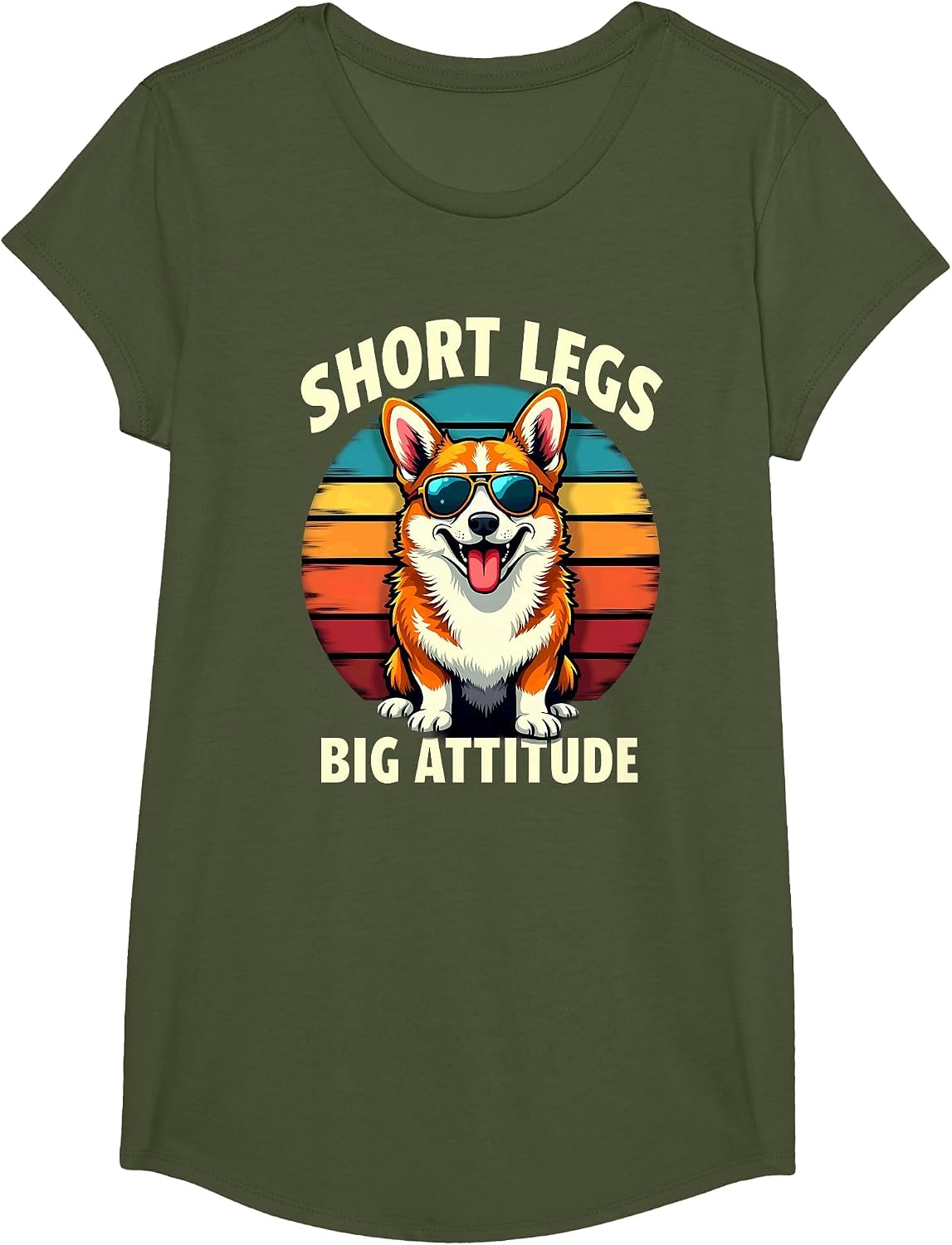 Retro Corgi Sunglasses Short Legs Big Attitude T-Shirt - Girls Olive Green