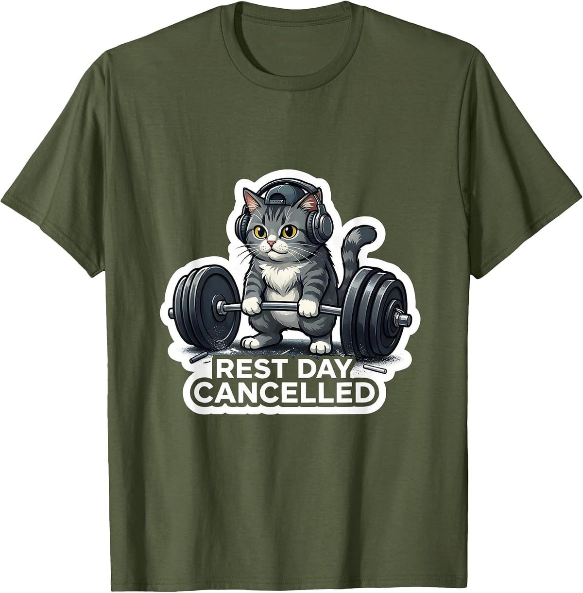 Rest Day Cancelled Funny Gym Workout Cat Meme Weightlifting T-Shirt - Olive Green