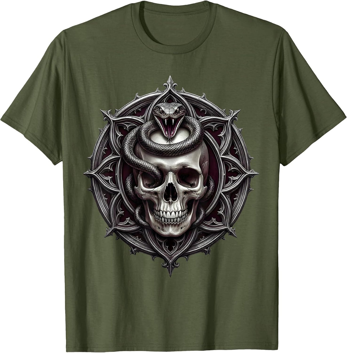 Snake and Skull Horror Graphic Illustration T-Shirt - Olive Green