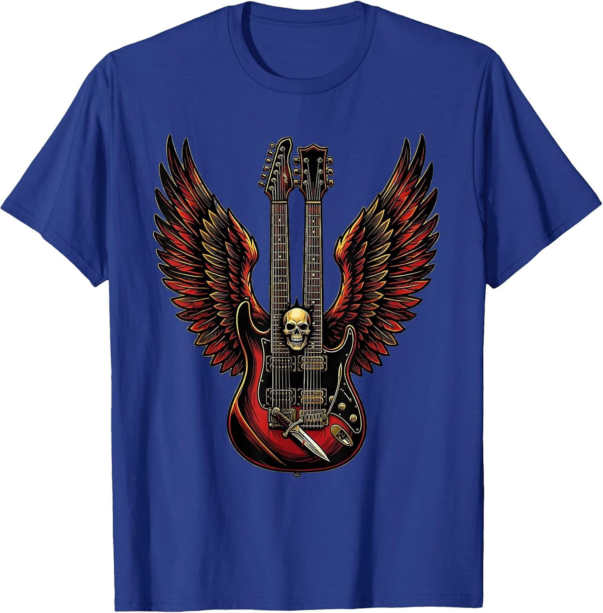 80s Rock Double-Neck Guitar With Wings Graphic T-Shirt - Royal Blue
