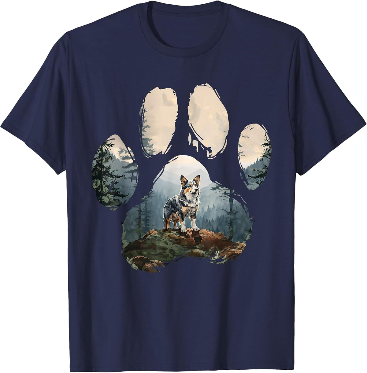 Blue Merle Corgi Mountain Paw Design Dog Mom Dad T-Shirt - Navy Blue