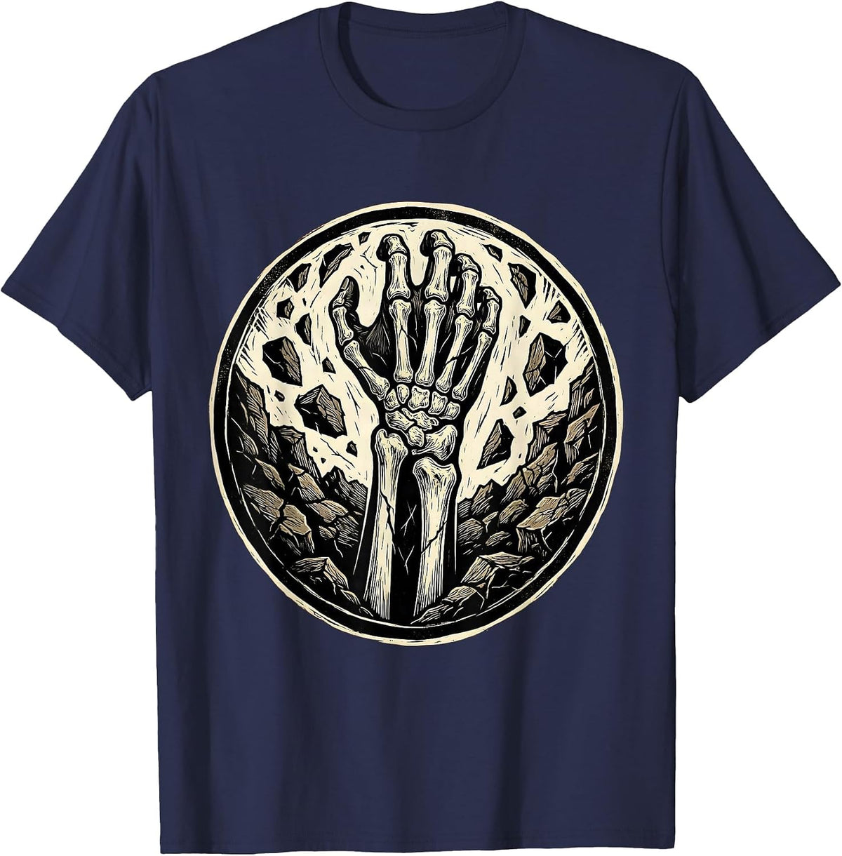 Skeleton Arm Rising From Cracked Earth Graphic T-Shirt - Navy Blue