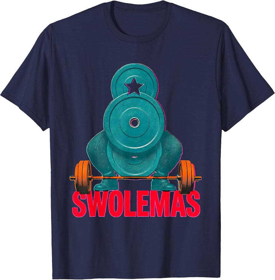 Swolemas Risograph Funny Christmas Gym Weightlifting Humor T-Shirt - Navy Blue