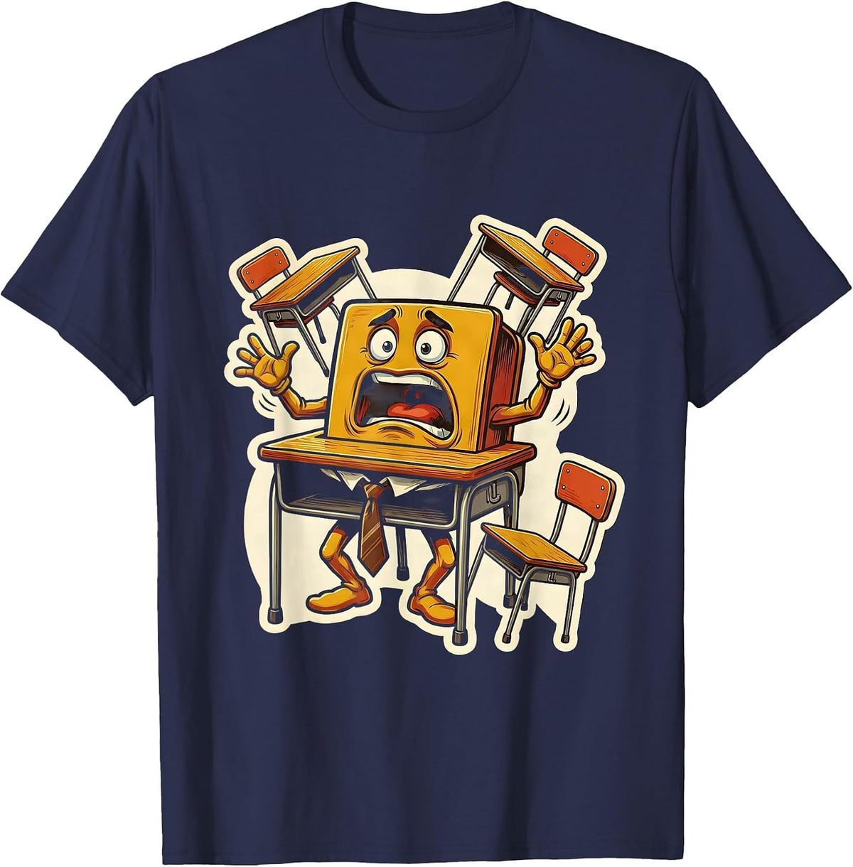 Substitute Teacher Chaotic Classroom Desks Design T-Shirt - Navy Blue