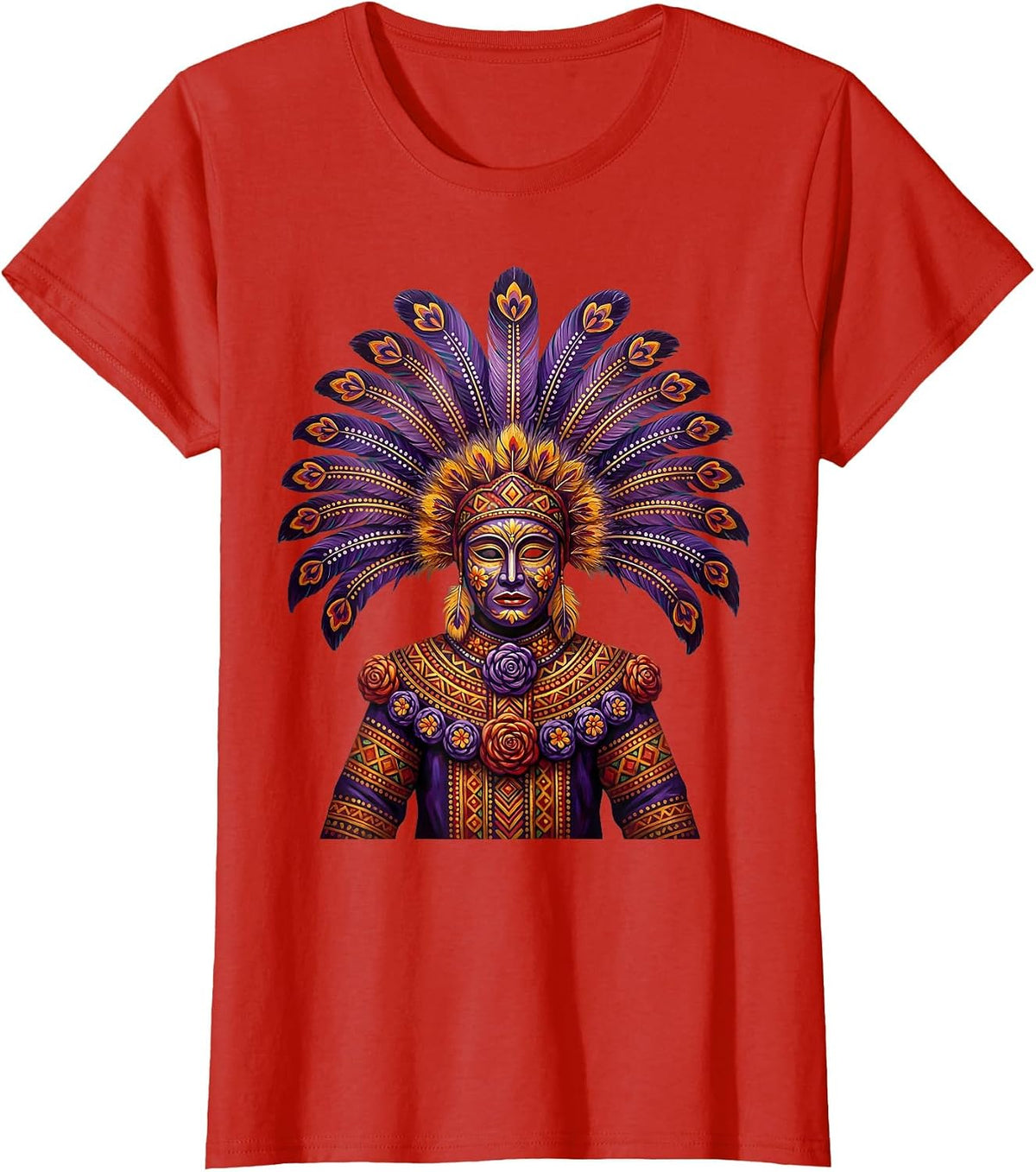 Mardi Gras Masked Reveler Feathered Headdress T-Shirt - Red