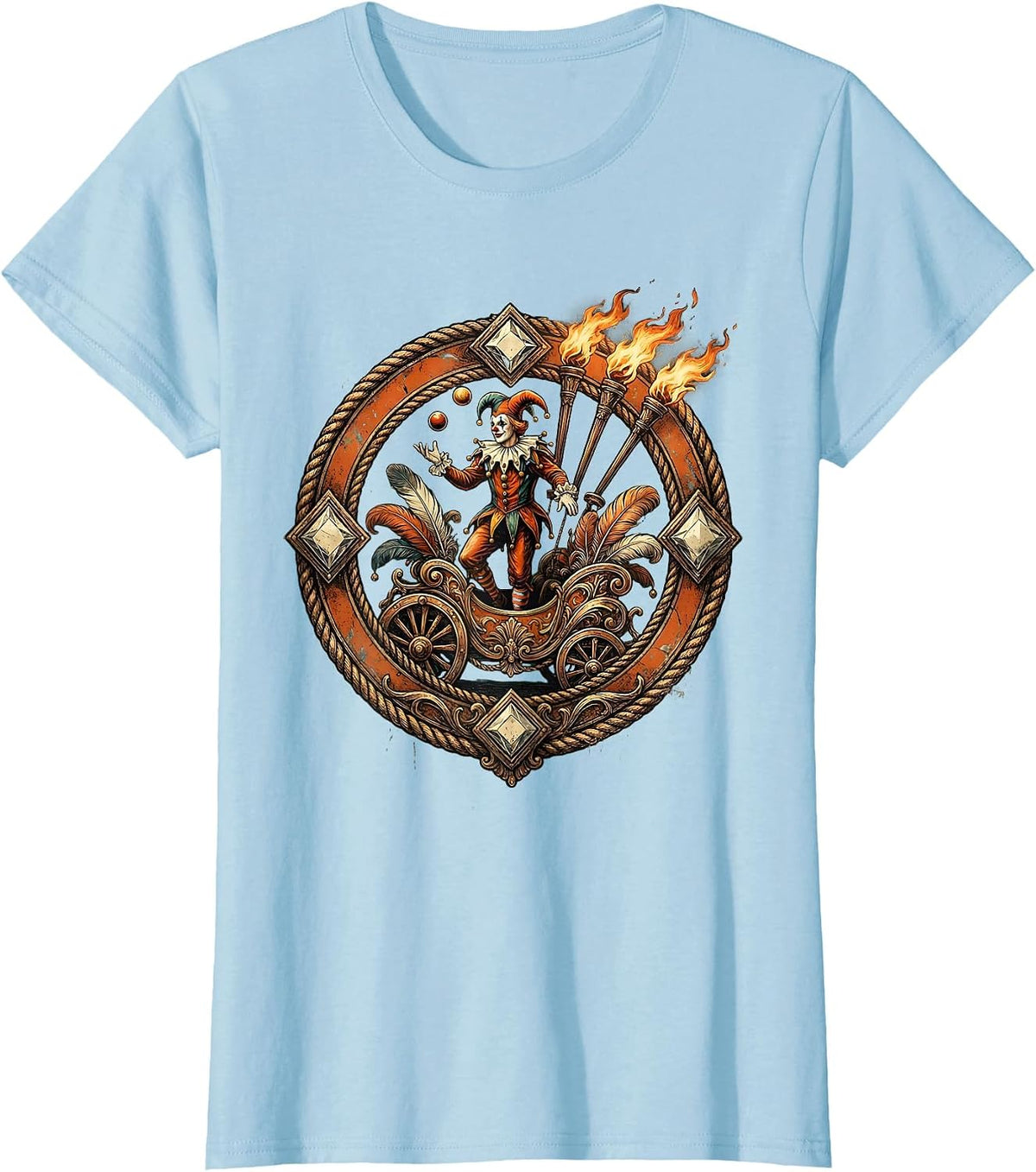 Women's Mardi Gras Jester Juggling Flaming Torches Float T-Shirt - Baby Blue